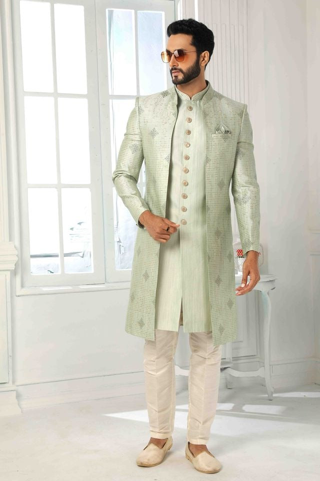 Raivat Ethnic Art Silk Embroidery Work 3 Pcs Indo Jacket Set In Pista Green Colour | Grocsy