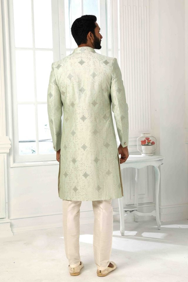 Raivat Ethnic Art Silk Embroidery Work 3 Pcs Indo Jacket Set In Pista Green Colour | Grocsy