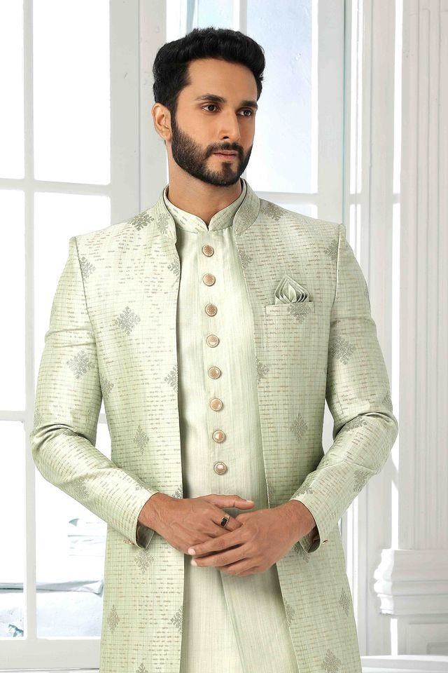 Raivat Ethnic Art Silk Embroidery Work 3 Pcs Indo Jacket Set In Pista Green Colour | Grocsy
