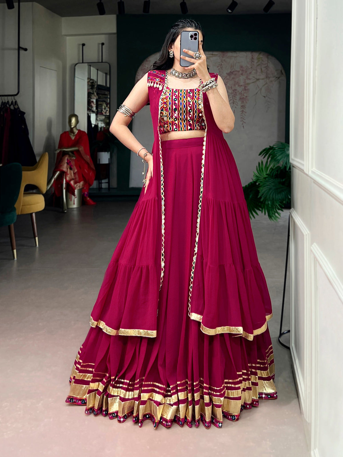 Lorenvalley Fashion Rani Pink Lightweight Fabric With Gotta Patti Lace Lehenga Choli With Koti | Grocsy