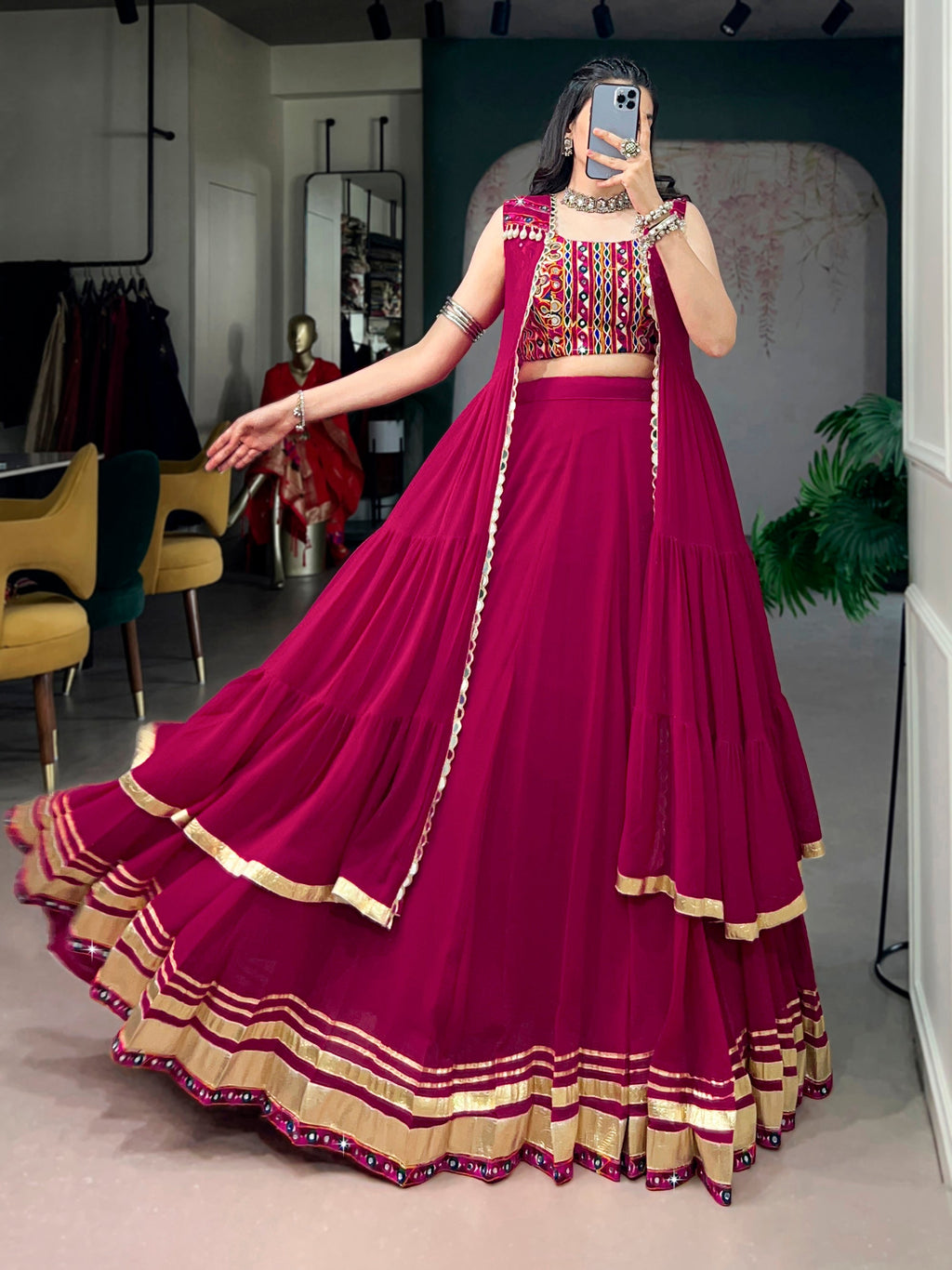 Lorenvalley Fashion Rani Pink Lightweight Fabric With Gotta Patti Lace Lehenga Choli With Koti | Grocsy