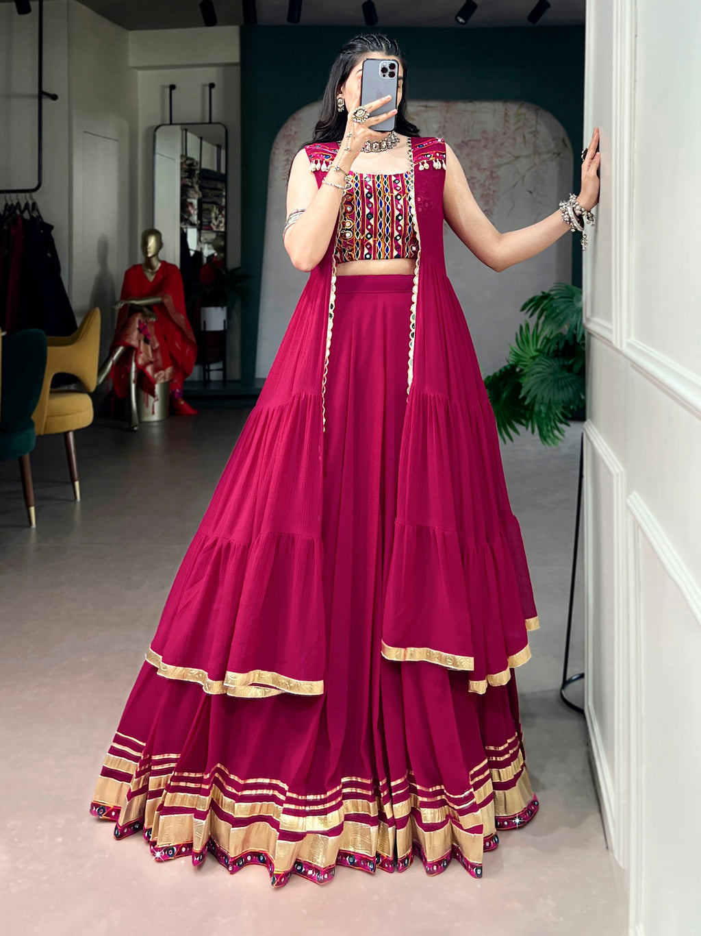 Lorenvalley Fashion Rani Pink Lightweight Fabric With Gotta Patti Lace Lehenga Choli With Koti | Grocsy