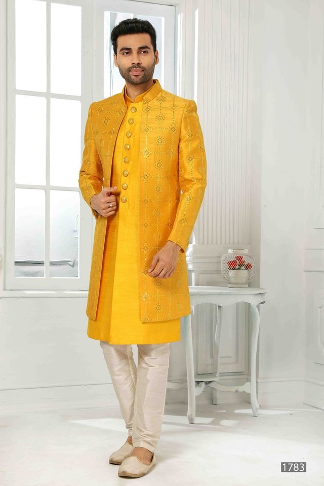 Raivat Ethnic Art Silk Embroidery Work 3 Pcs Indo Jacket Set In Yellow Colour | Grocsy