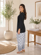 Myshka Women Black Long Bell Sleeves Cotton Blend Solid Kurta with Printed Farsi Salwar | Grocsy