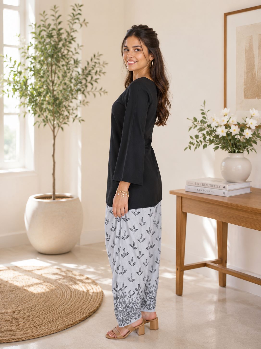 Myshka Women Black Long Bell Sleeves Cotton Blend Solid Kurta with Printed Farsi Salwar | Grocsy