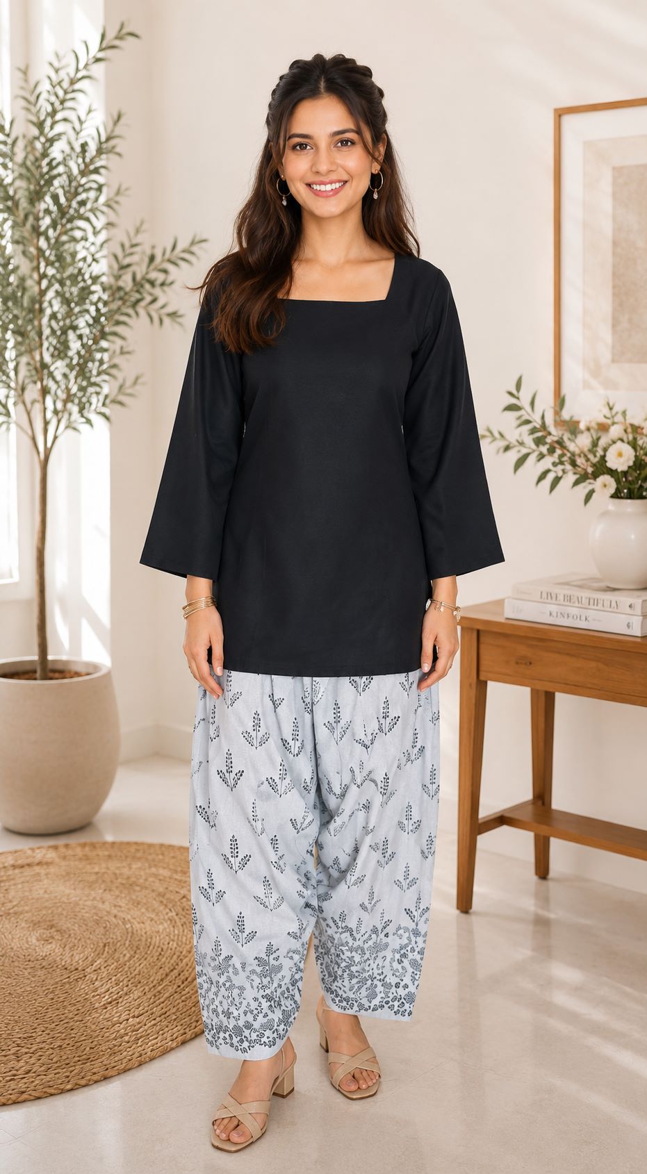 Myshka Women Black Long Bell Sleeves Cotton Blend Solid Kurta with Printed Farsi Salwar | Grocsy