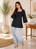 Myshka Women Black Long Bell Sleeves Cotton Blend Solid Kurta with Printed Farsi Salwar | Grocsy