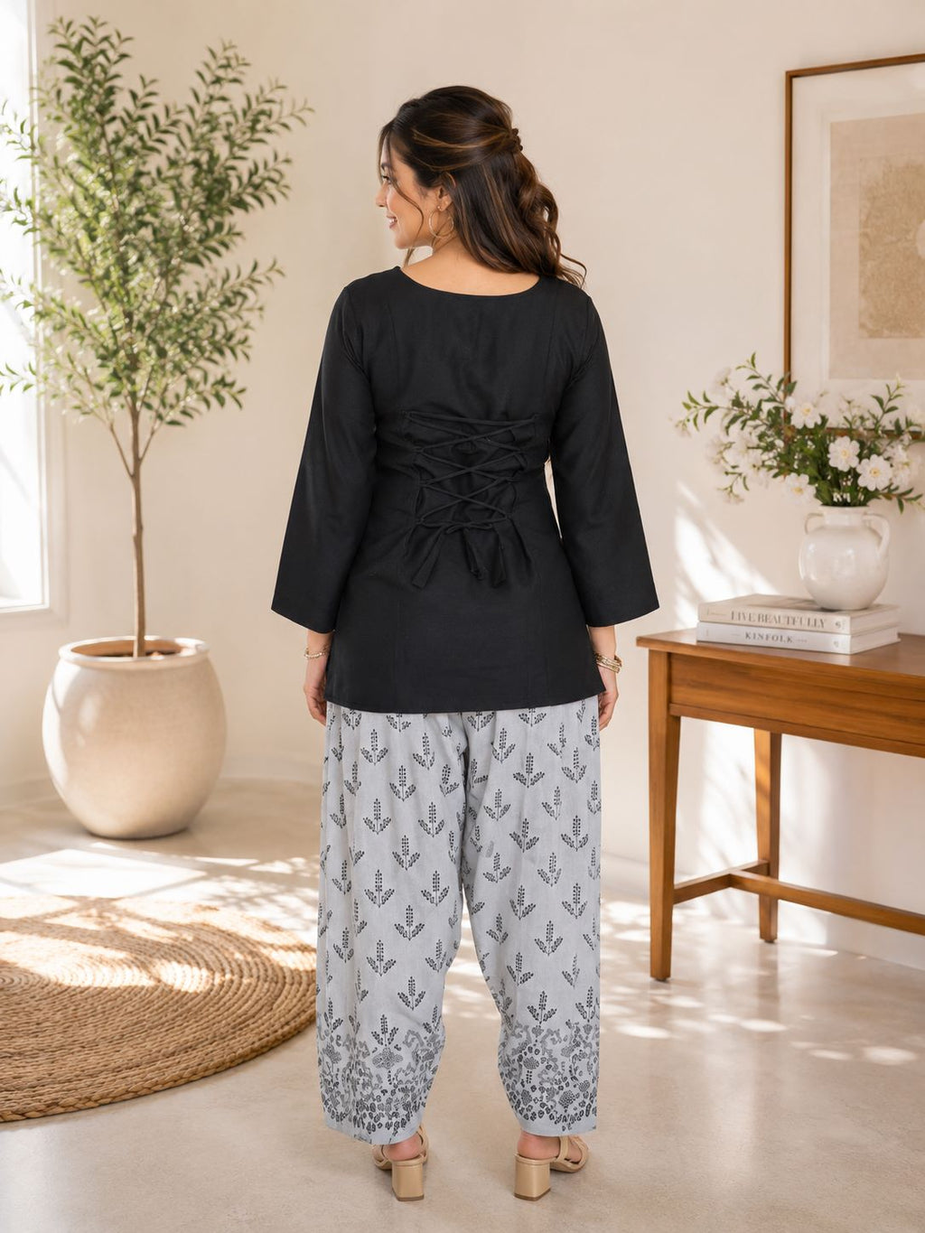 Myshka Women Black Long Bell Sleeves Cotton Blend Solid Kurta with Printed Farsi Salwar | Grocsy