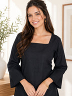 Myshka Women Black Long Bell Sleeves Cotton Blend Solid Kurta with Printed Farsi Salwar | Grocsy