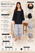 Myshka Women Black Long Bell Sleeves Cotton Blend Solid Kurta with Printed Farsi Salwar | Grocsy