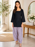 Myshka Women Black Long Bell Sleeves Cotton Blend Solid Kurta with Printed Farsi Salwar | Grocsy