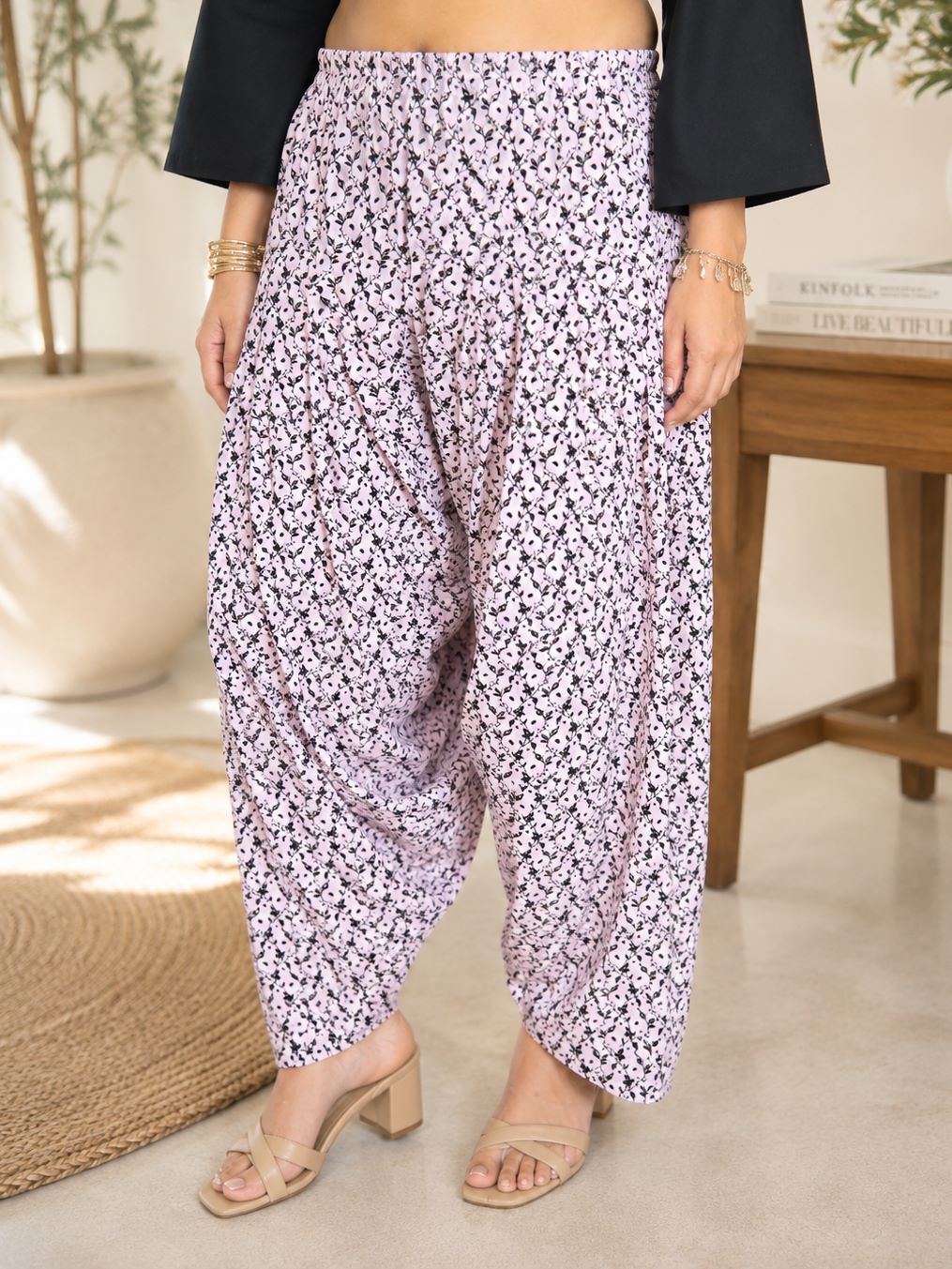 Myshka Women Black Long Bell Sleeves Cotton Blend Solid Kurta with Printed Farsi Salwar | Grocsy