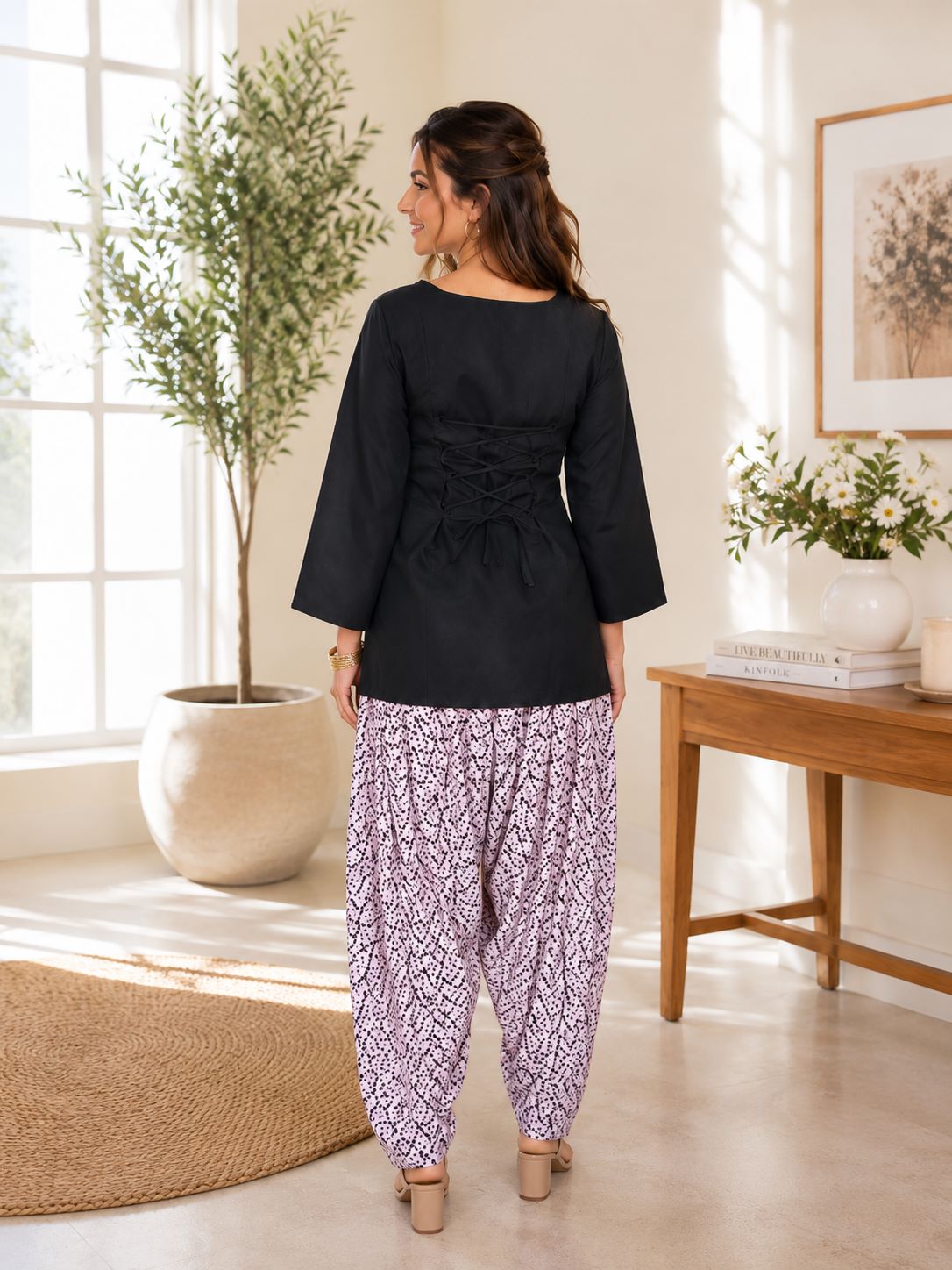 Myshka Women Black Long Bell Sleeves Cotton Blend Solid Kurta with Printed Farsi Salwar | Grocsy