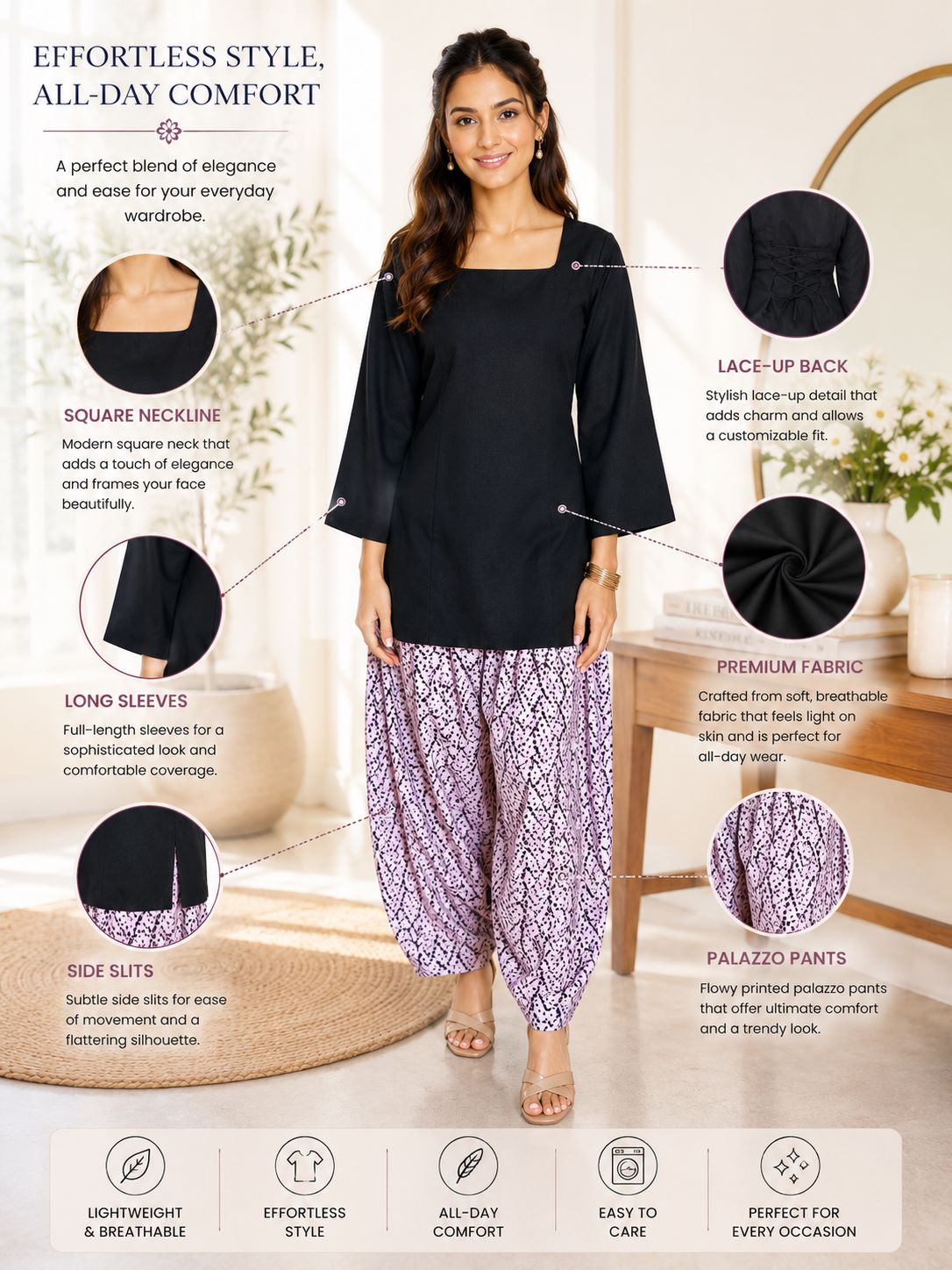 Myshka Women Black Long Bell Sleeves Cotton Blend Solid Kurta with Printed Farsi Salwar | Grocsy