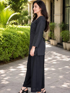 Myshka Women Black Long Bell Sleeves Cotton Blend Solid Kurta with Printed Farsi Salwar | Grocsy