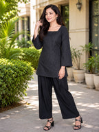 Myshka Women Black Long Bell Sleeves Cotton Blend Solid Kurta with Printed Farsi Salwar | Grocsy
