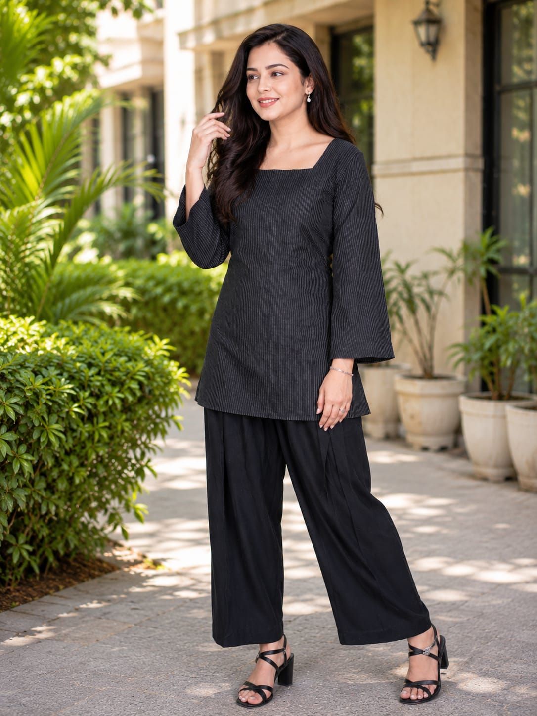 Myshka Women Black Long Bell Sleeves Cotton Blend Solid Kurta with Printed Farsi Salwar | Grocsy