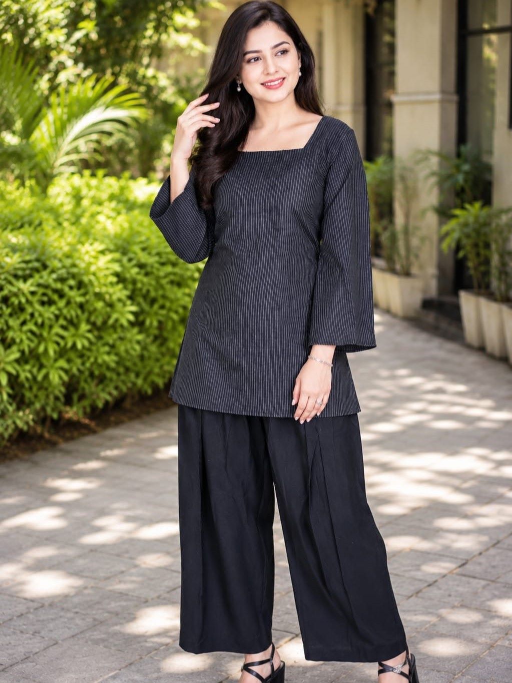 Myshka Women Black Long Bell Sleeves Cotton Blend Solid Kurta with Printed Farsi Salwar | Grocsy