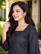Myshka Women Black Long Bell Sleeves Cotton Blend Solid Kurta with Printed Farsi Salwar | Grocsy