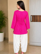 Myshka Women Pink Long Bell Sleeves Cotton Blend Kurta with Solid Farsi Salwar | Grocsy