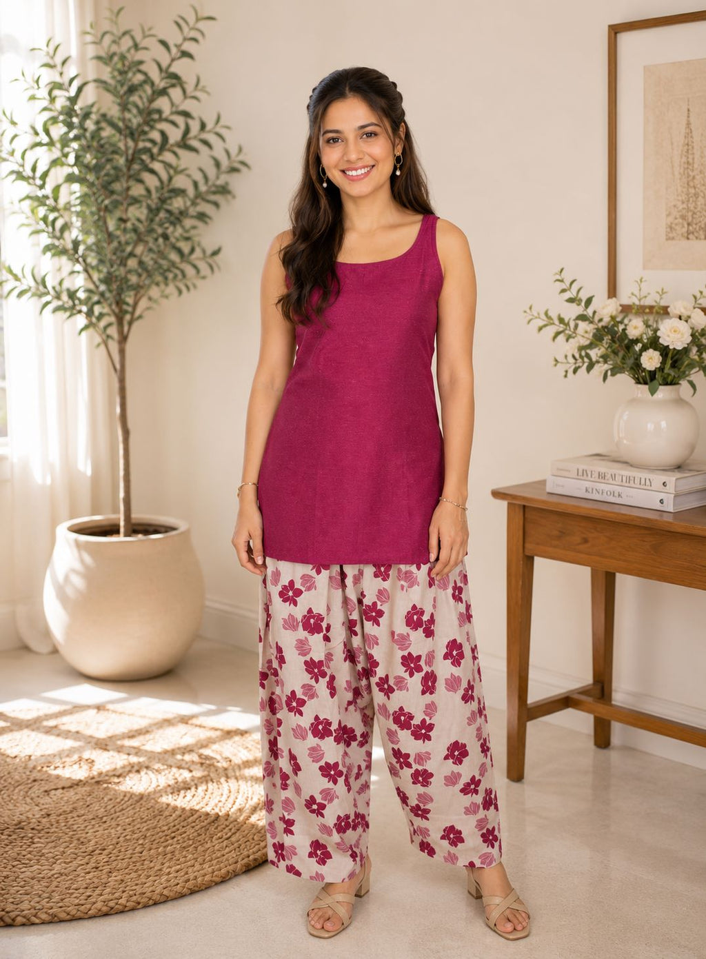 Myshka Women Wine Sleeves Cotton Blend Self Design Woven Kurta with Solid Farsi Salwar | Grocsy