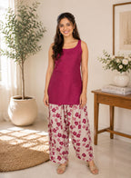 Myshka Women Wine Sleeves Cotton Blend Self Design Woven Kurta with Solid Farsi Salwar | Grocsy