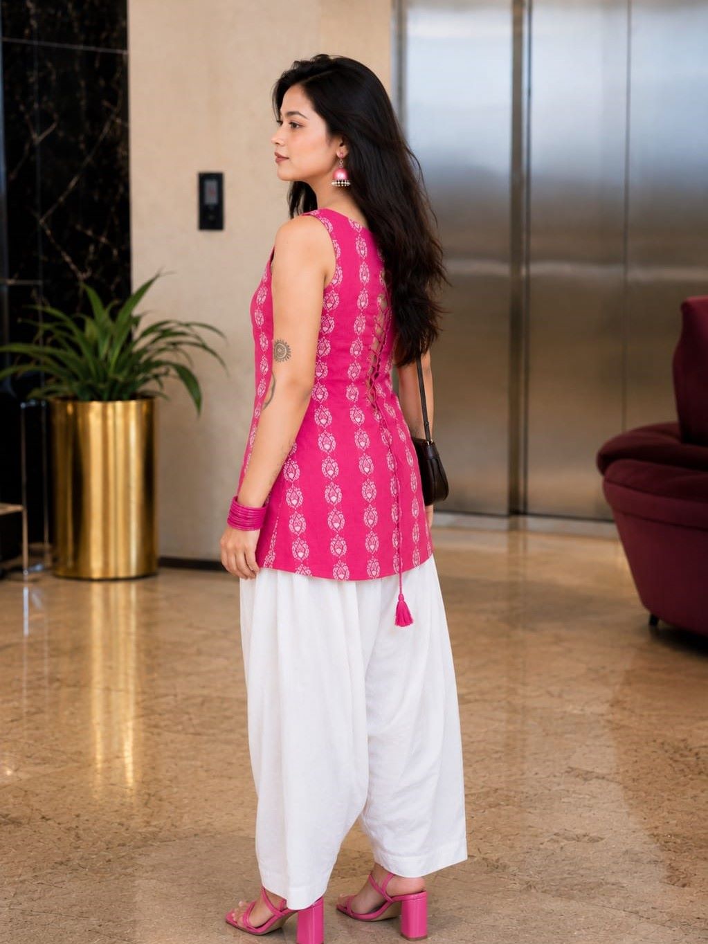 Myshka Women Pink Sleeves Cotton Blend Self Design Woven Kurta with Solid Farsi Salwar | Grocsy
