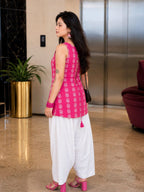 Myshka Women Pink Sleeves Cotton Blend Self Design Woven Kurta with Solid Farsi Salwar | Grocsy