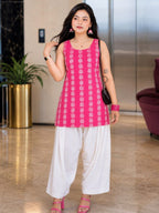 Myshka Women Pink Sleeves Cotton Blend Self Design Woven Kurta with Solid Farsi Salwar | Grocsy
