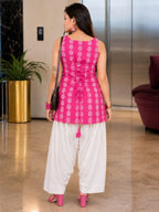 Myshka Women Pink Sleeves Cotton Blend Self Design Woven Kurta with Solid Farsi Salwar | Grocsy