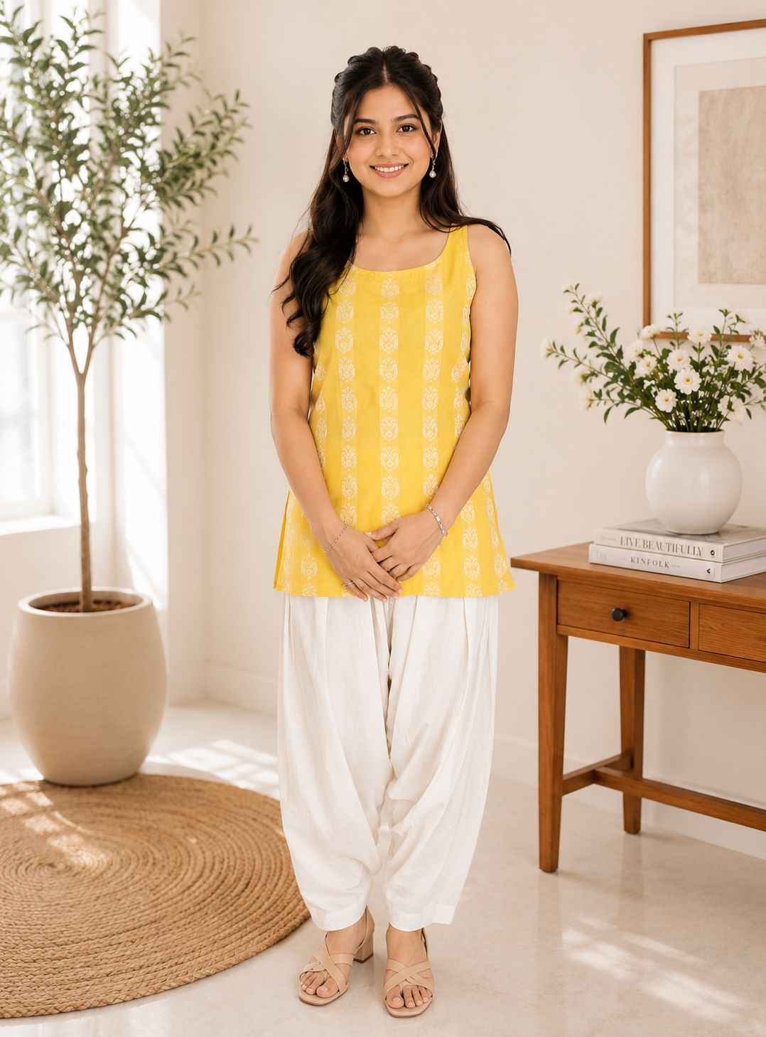 Myshka Women Yellow Sleeves Cotton Blend Self Design Woven Kurta with Solid Farsi Salwar | Grocsy