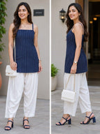Myshka Women Blue Shoulder Strap Cotton Blend Self Design Woven Kurta with Solid Farsi Salwar | Grocsy