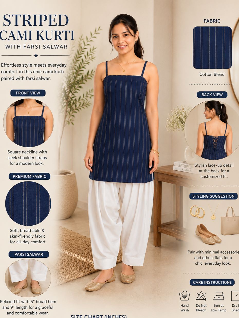 Myshka Women Blue Shoulder Strap Cotton Blend Self Design Woven Kurta with Solid Farsi Salwar | Grocsy