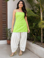 Myshka Women Green Shoulder Strap Cotton Blend Self Design Woven Kurta with Solid Farsi Salwar | Grocsy