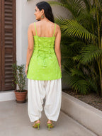 Myshka Women Green Shoulder Strap Cotton Blend Self Design Woven Kurta with Solid Farsi Salwar | Grocsy