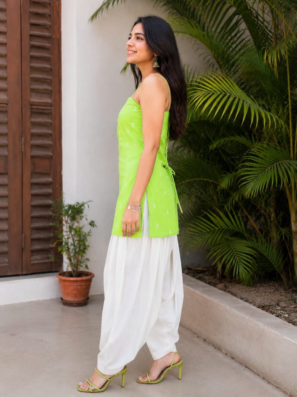 Myshka Women Green Shoulder Strap Cotton Blend Self Design Woven Kurta with Solid Farsi Salwar | Grocsy