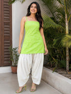 Myshka Women Green Shoulder Strap Cotton Blend Self Design Woven Kurta with Solid Farsi Salwar | Grocsy