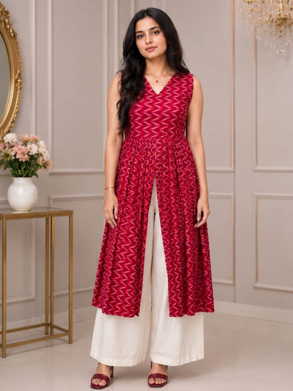 Myshka Women Black Ethnic Printed Sleeveless Kurta with Palazzo Set | Grocsy