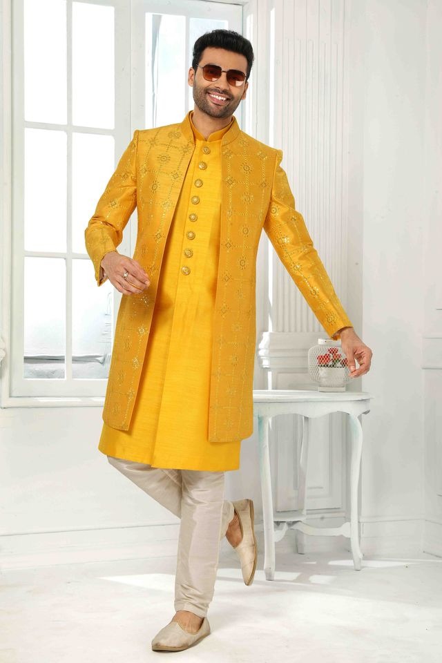 Raivat Ethnic Art Silk Embroidery Work 3 Pcs Indo Jacket Set In Yellow Colour | Grocsy