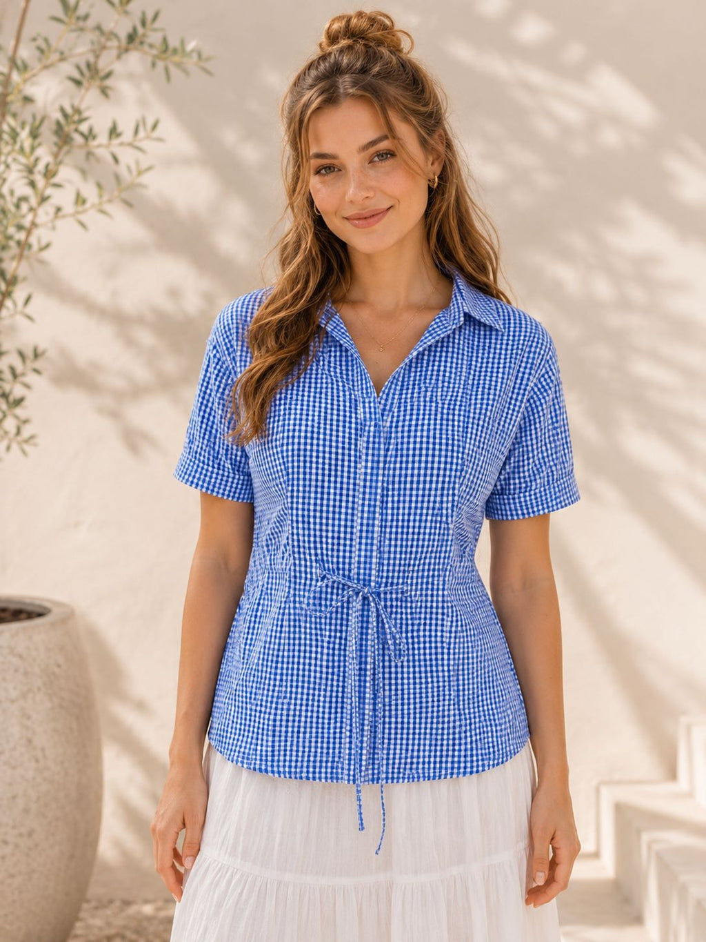 Myshka Women Blue Solid Short Sleeves Trendy Pleated Top | Grocsy