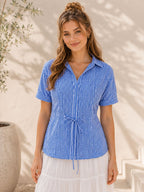 Myshka Women Blue Solid Short Sleeves Trendy Pleated Top | Grocsy