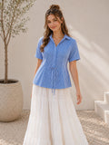 Myshka Women Blue Solid Short Sleeves Trendy Pleated Top | Grocsy
