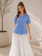 Myshka Women Blue Solid Short Sleeves Trendy Pleated Top | Grocsy