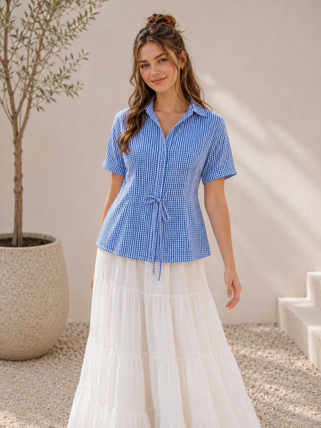 Myshka Women Blue Solid Short Sleeves Trendy Pleated Top | Grocsy