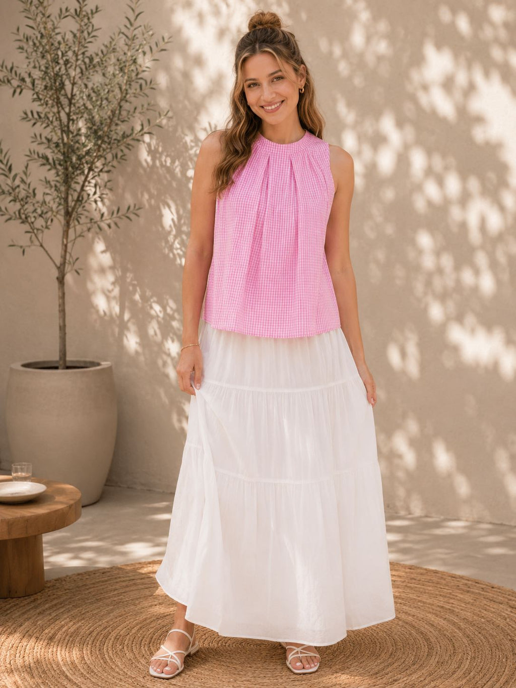 Myshka Womens Pink Solid Sleeveless Pleated Top | Grocsy