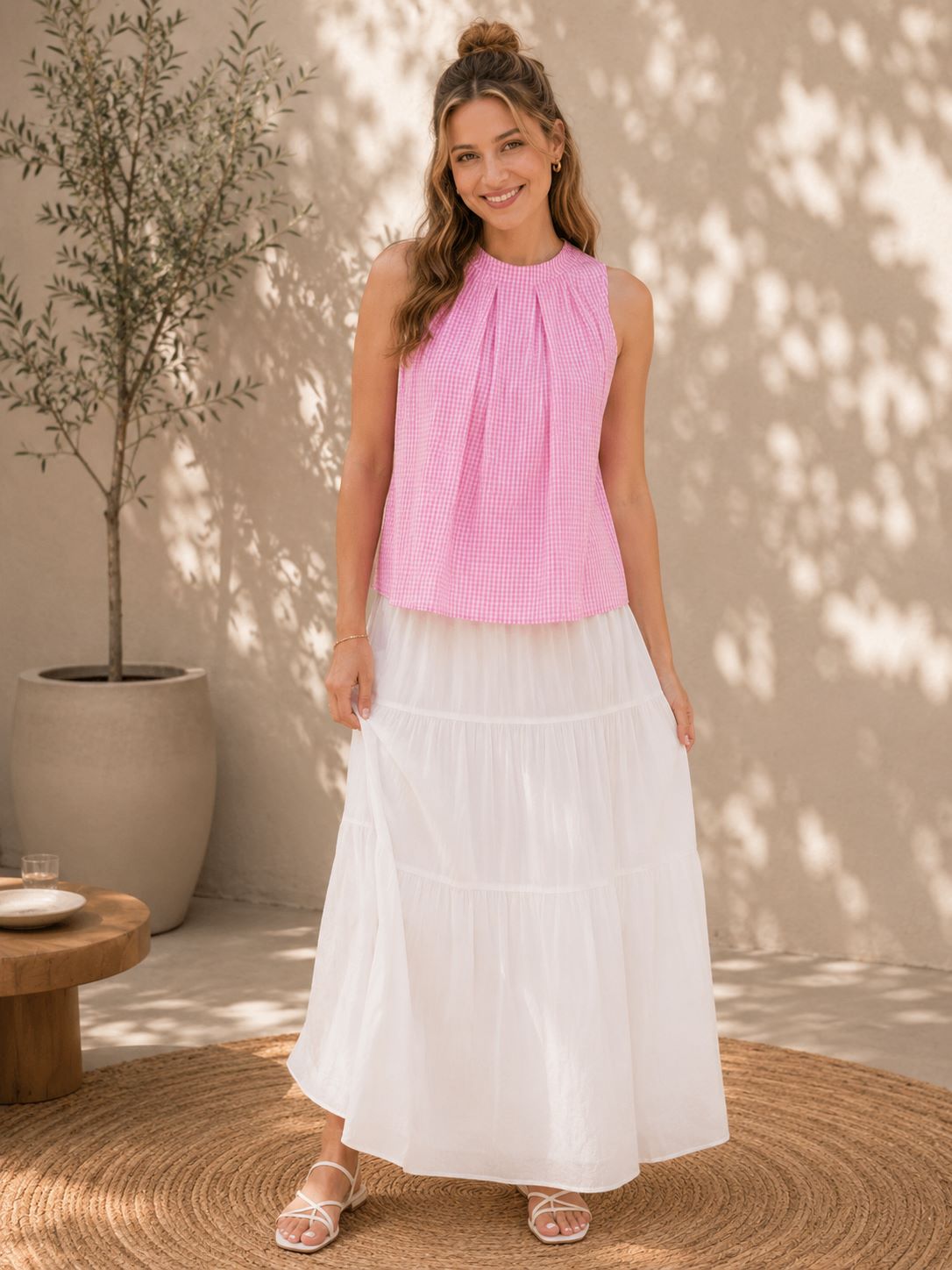 Myshka Womens Pink Solid Sleeveless Pleated Top | Grocsy