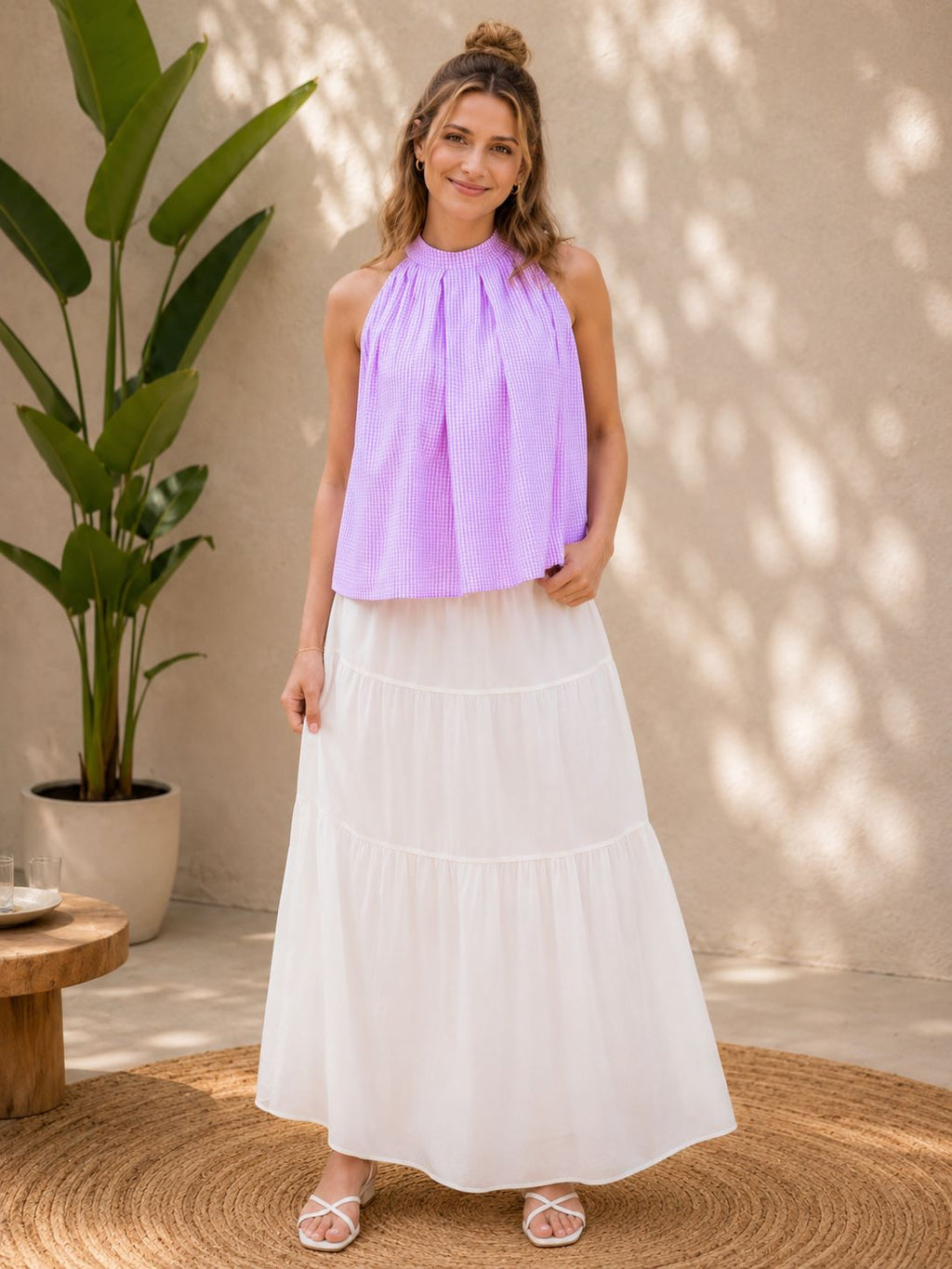 Myshka Womens Purple Solid Sleeveless Pleated Top | Grocsy