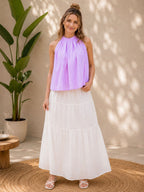 Myshka Womens Purple Solid Sleeveless Pleated Top | Grocsy