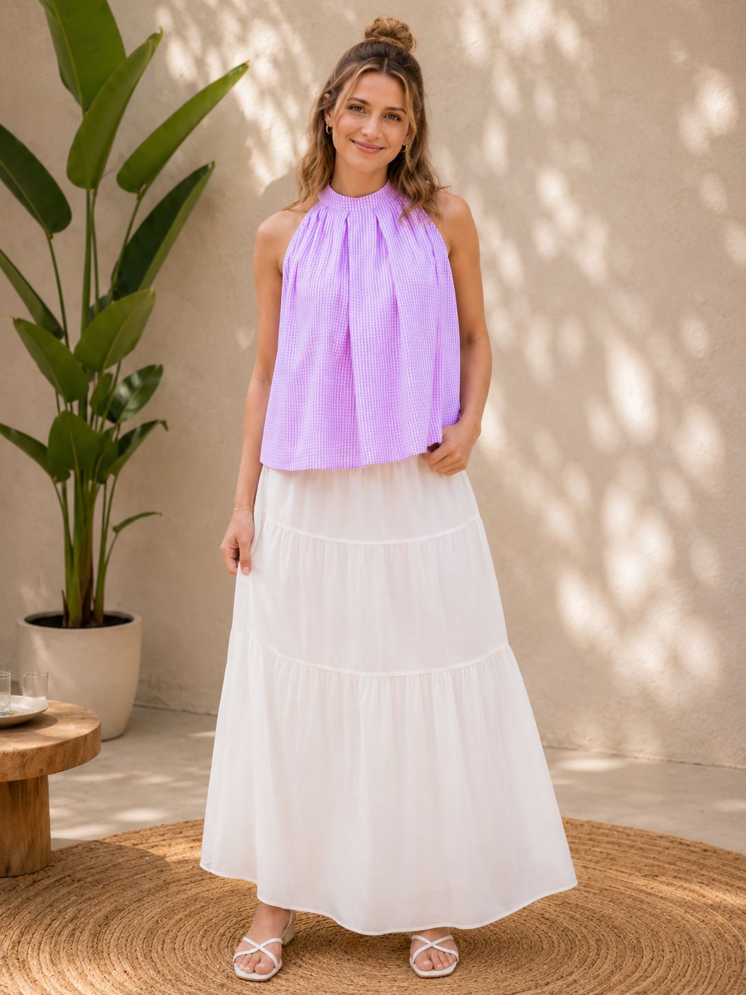 Myshka Womens Purple Solid Sleeveless Pleated Top | Grocsy