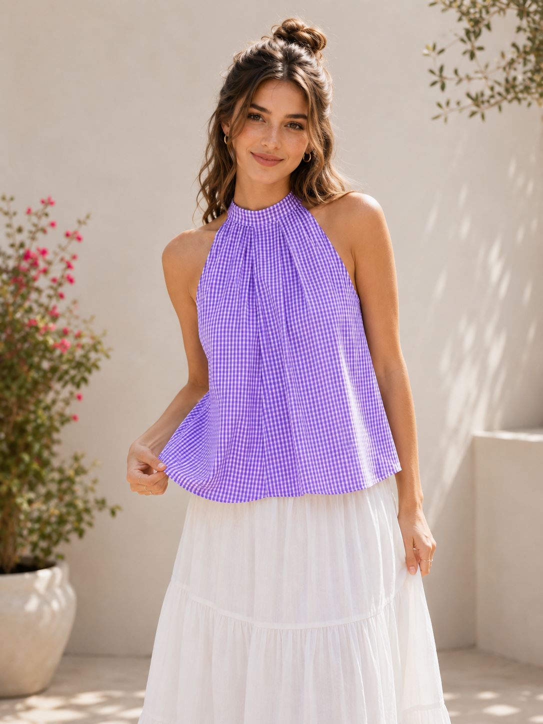 Myshka Womens Purple Solid Sleeveless Pleated Top | Grocsy